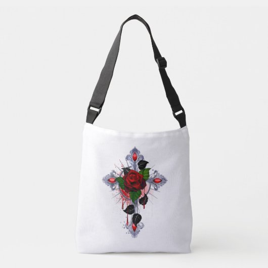 Zilveren Kruis met een Rode Roos Crossbody Tas (Voorkant)