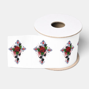Zilveren Kruis met een Rode Roos Grosgrain Lint