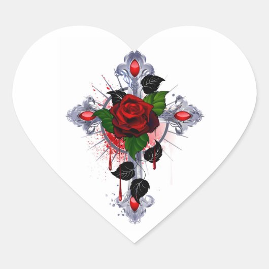 Zilveren Kruis met een Rode Roos Hart Sticker (Voorkant)
