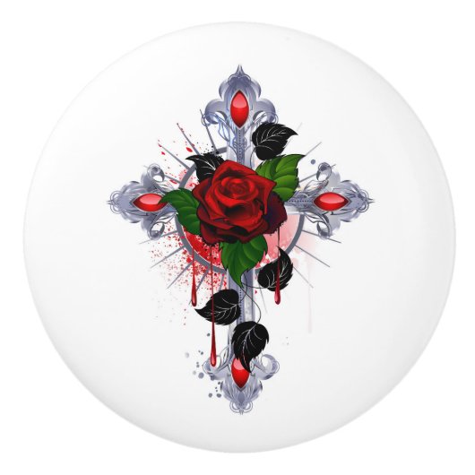 Zilveren Kruis met een Rode Roos Keramische Knop (Voorkant)