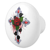 Zilveren Kruis met een Rode Roos Keramische Knop (Rechts)