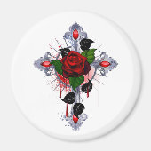 Zilveren Kruis met een Rode Roos Magneet (Voorkant)