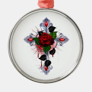 Zilveren Kruis met een Rode Roos Metalen Ornament