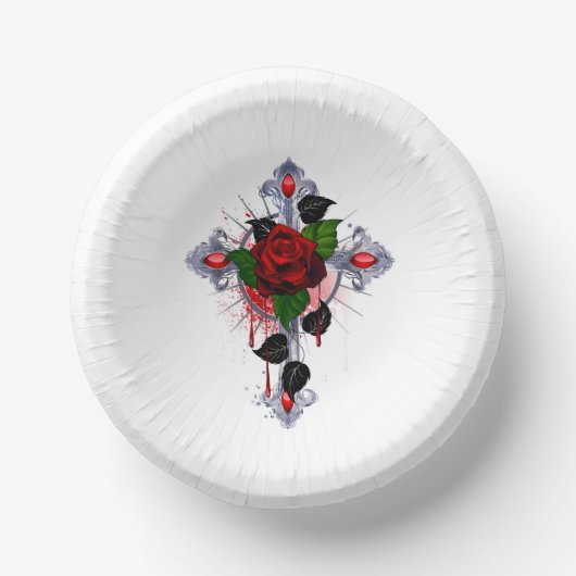 Zilveren Kruis met een Rode Roos Papieren Kommen (Voorkant)