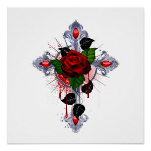 Zilveren Kruis met een Rode Roos Perfect Poster