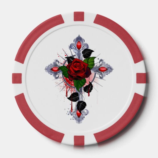 Zilveren Kruis met een Rode Roos Poker Chips (Voorkant)