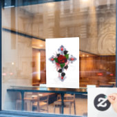 Zilveren Kruis met een Rode Roos Raamsticker (Cafe Raam)