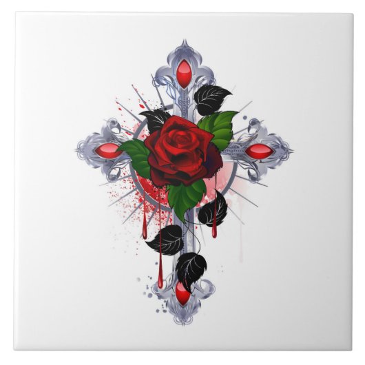 Zilveren Kruis met een Rode Roos Tegeltje (Voorkant)