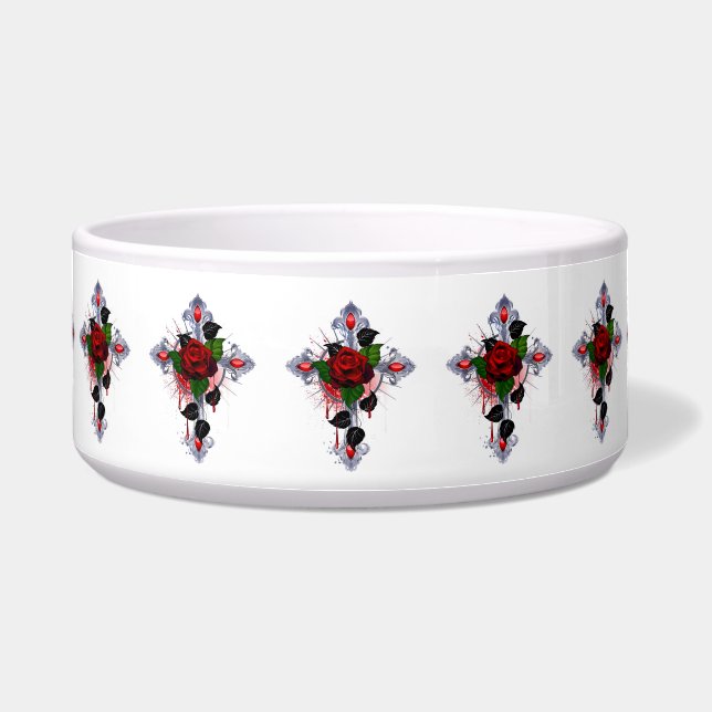 Zilveren Kruis met een Rode Roos Voerbakje (Voorkant)