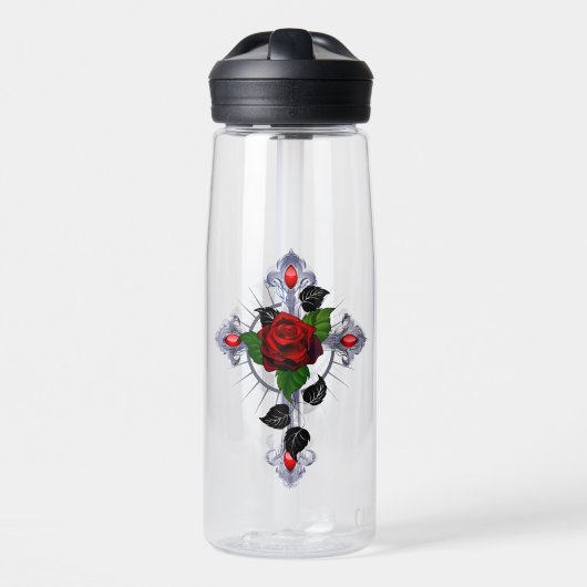 Zilveren Kruis met een Rode Roos Waterfles (Voorkant)