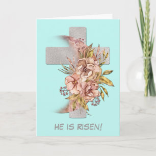 Zilveren Kruis Roze Bloemen Pasen Feestdagen Kaart