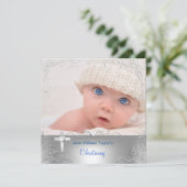 Zilveren kruis voor babyjongen doop kaart (Staand voorkant)