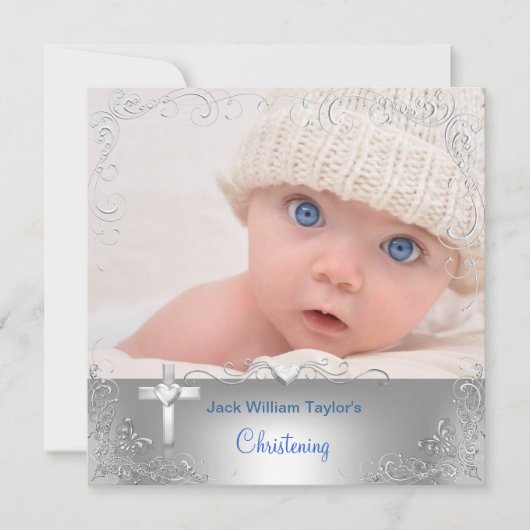Zilveren kruis voor de doop van een babyjongen kaart (Voorkant)