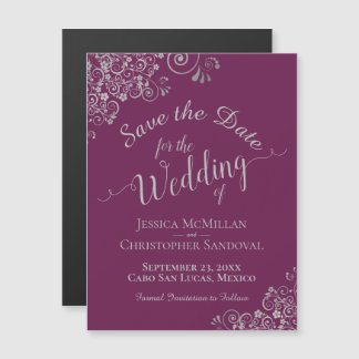 Zilveren krullen magenta pruim Save the Date Magne