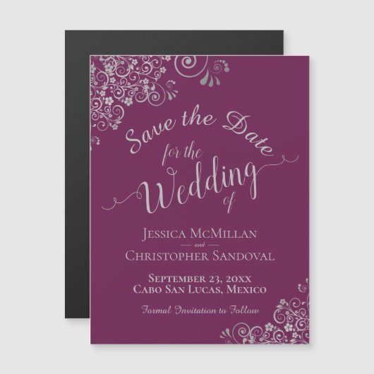 Zilveren krullen magenta pruim Save the Date Magne (Voorkant / Achterkant)