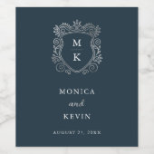 zilveren kuif | Elegant Donkerblauw Bruiloft Monog Wijn Etiket (Enkel label)