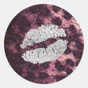 Zilveren Kus Lippen Glitter Fonkelende Cheetah Lui Ronde Sticker