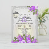 Zilveren lantaarns en Paarse bloemenbruiloft Kaart (Staand voorkant)