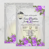 Zilveren lantaarns en Paarse bloemenbruiloft Kaart (Voorkant / Achterkant)