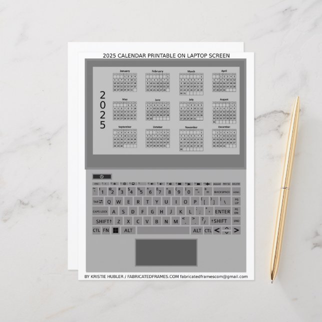 Zilveren Laptop Keyboard 2025 Kalender op het sche (Voorkant / Achterkant in situ)