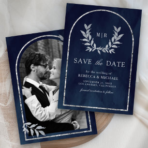 Zilveren lauwerkrans bladeren Navy Blue Trouwdag Save The Date