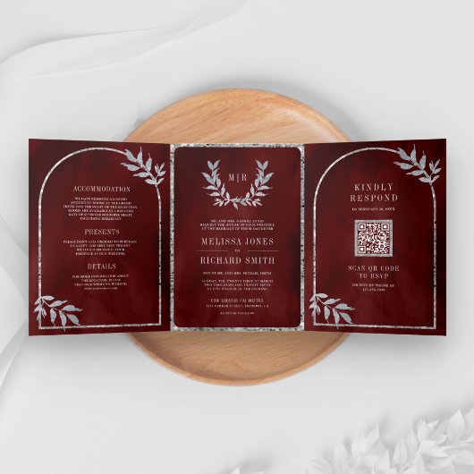 Zilveren lauwerkrans verlaat Bourgondische rode br Drieluik Uitnodiging