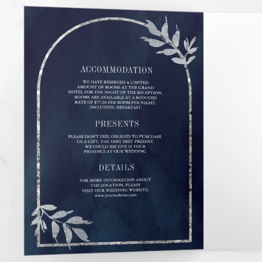 Zilveren lauwerkrans verlaat Navy Blue Wedding Drieluik Uitnodiging (Binnenzijde eerst)