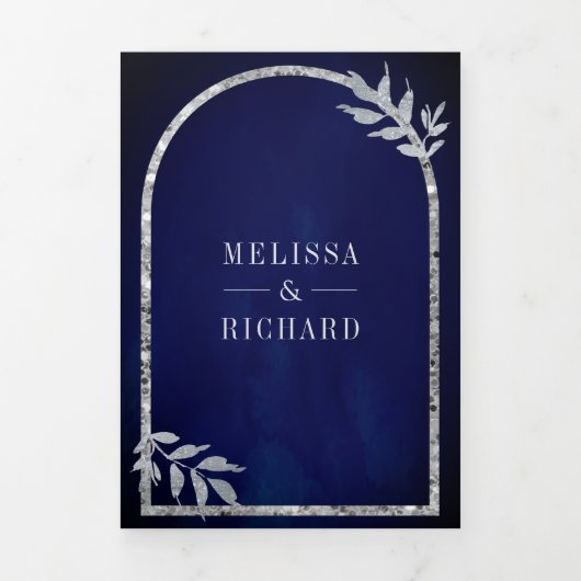Zilveren lauwerkrans verlaat Royal Blue Wedding Drieluik Uitnodiging (Cover)