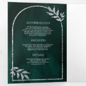 Zilveren lauwerkrans verlaat smaragdgroene bruilof drieluik uitnodiging (Binnenzijde eerst)