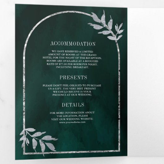 Zilveren lauwerkrans verlaat smaragdgroene bruilof drieluik uitnodiging (Binnenzijde eerst)