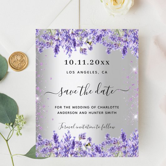Zilveren lavendel bloemen bruiloft save the date flyer