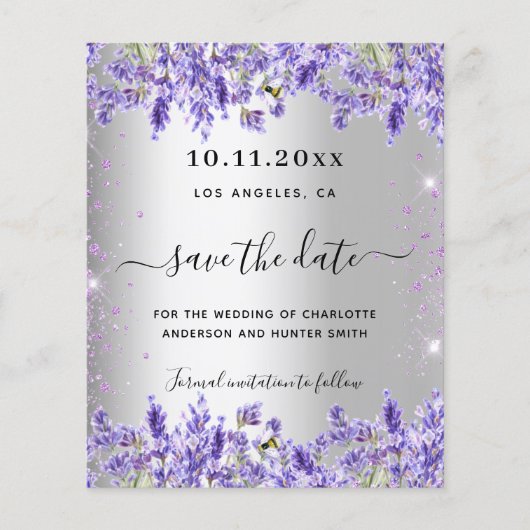 Zilveren lavendel bloemen bruiloft save the date flyer (Voorkant)