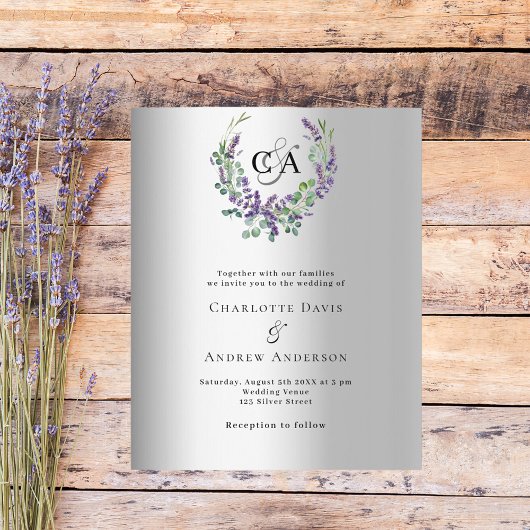 Zilveren lavendel bloemen monogram bruiloft uitnod