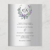 Zilveren lavendel bloemen monogram bruiloft uitnod (Voorkant)