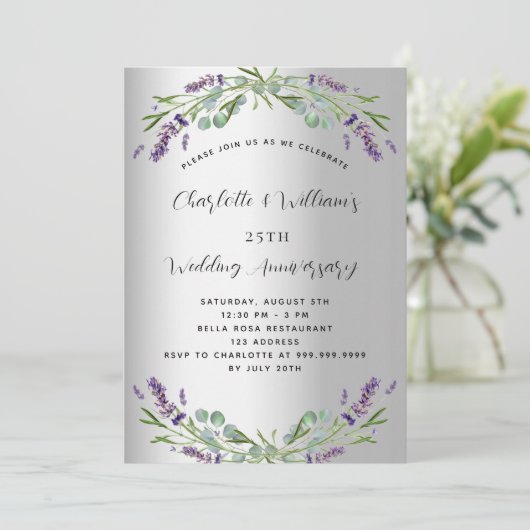 Zilveren lavendel bloemenfeest 25e trouwdag kaart (Staand voorkant)