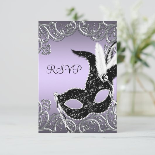Zilveren lavendel en zwarte maskerade partij RSVP (Staand voorkant)