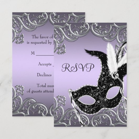 Zilveren lavendel en zwarte maskerade partij RSVP (Voorkant / Achterkant)