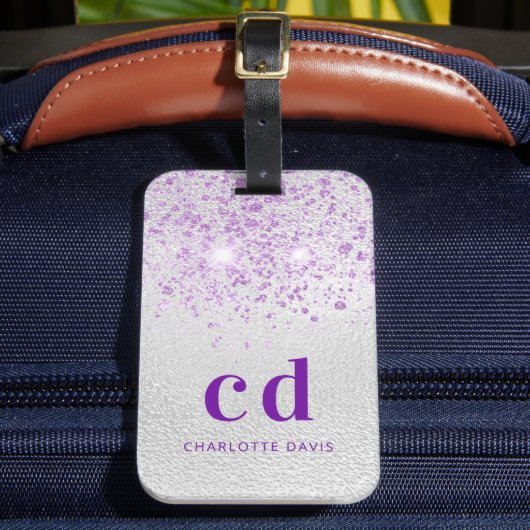 Zilveren lavendel glinsterend monogram naam bagagelabel (Voorkant Insitu 2)
