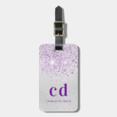 Zilveren lavendel glinsterend monogram naam bagagelabel (Voorkant verticaal)