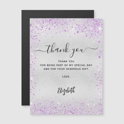 Zilveren lavendel glitter dank je kaart magnetische uitnodiging (Voorkant / Achterkant)