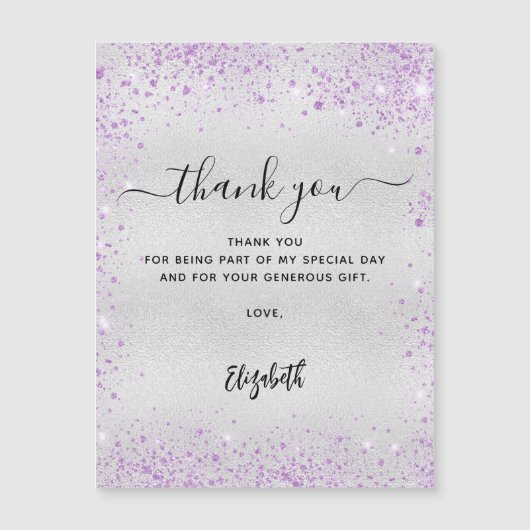 Zilveren lavendel glitter dank je kaart magnetische uitnodiging (Voorkant)