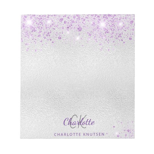 Zilveren lavendel glitter monogram initialen naam notitieblok (Voorkant)