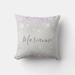 Zilveren lavendel glitter monogram script kussen