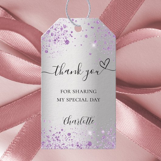 Zilveren lavendel glitters hart dank je cadeaulabel