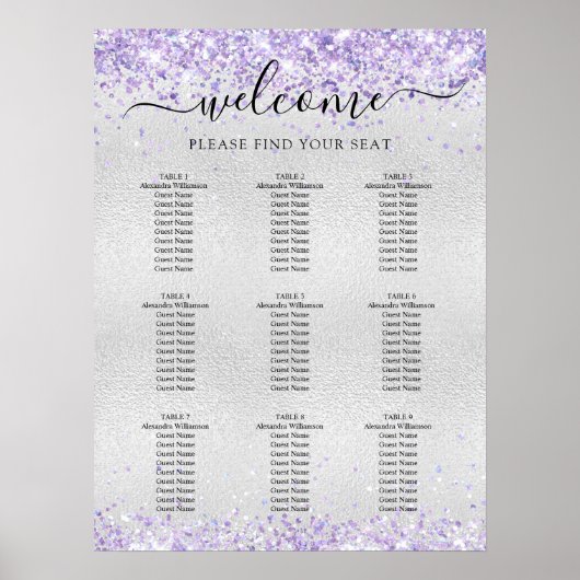 Zilveren lavendel lila confetti zitkaart poster (Voorkant)