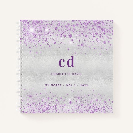 Zilveren lavendel naam monogram notitieboek (Voorkant)