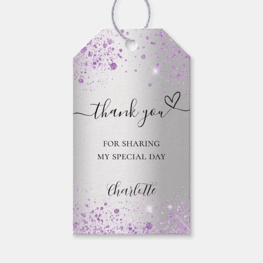 Zilveren lavendel sprankelt hart dank u cadeaulabel (Voorkant)