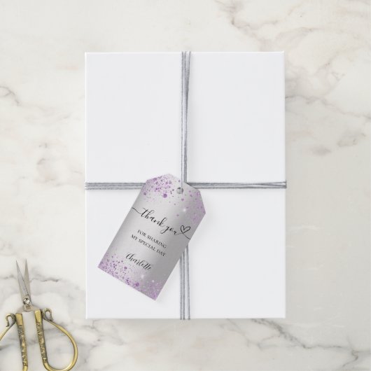 Zilveren lavendel sprankelt hart dank u cadeaulabel (Met Touw)