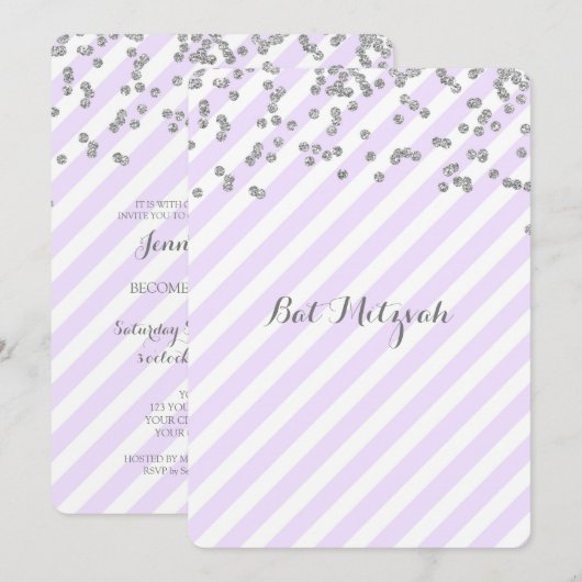 Zilveren Lavendel Stripes Bat Mitswa Uitnodigingen (Voorkant / Achterkant)