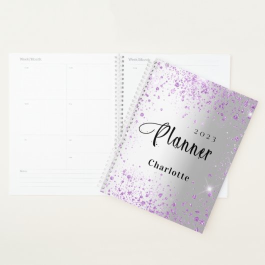 Zilveren lavendel violet glitter naam 2026 planner (Display)